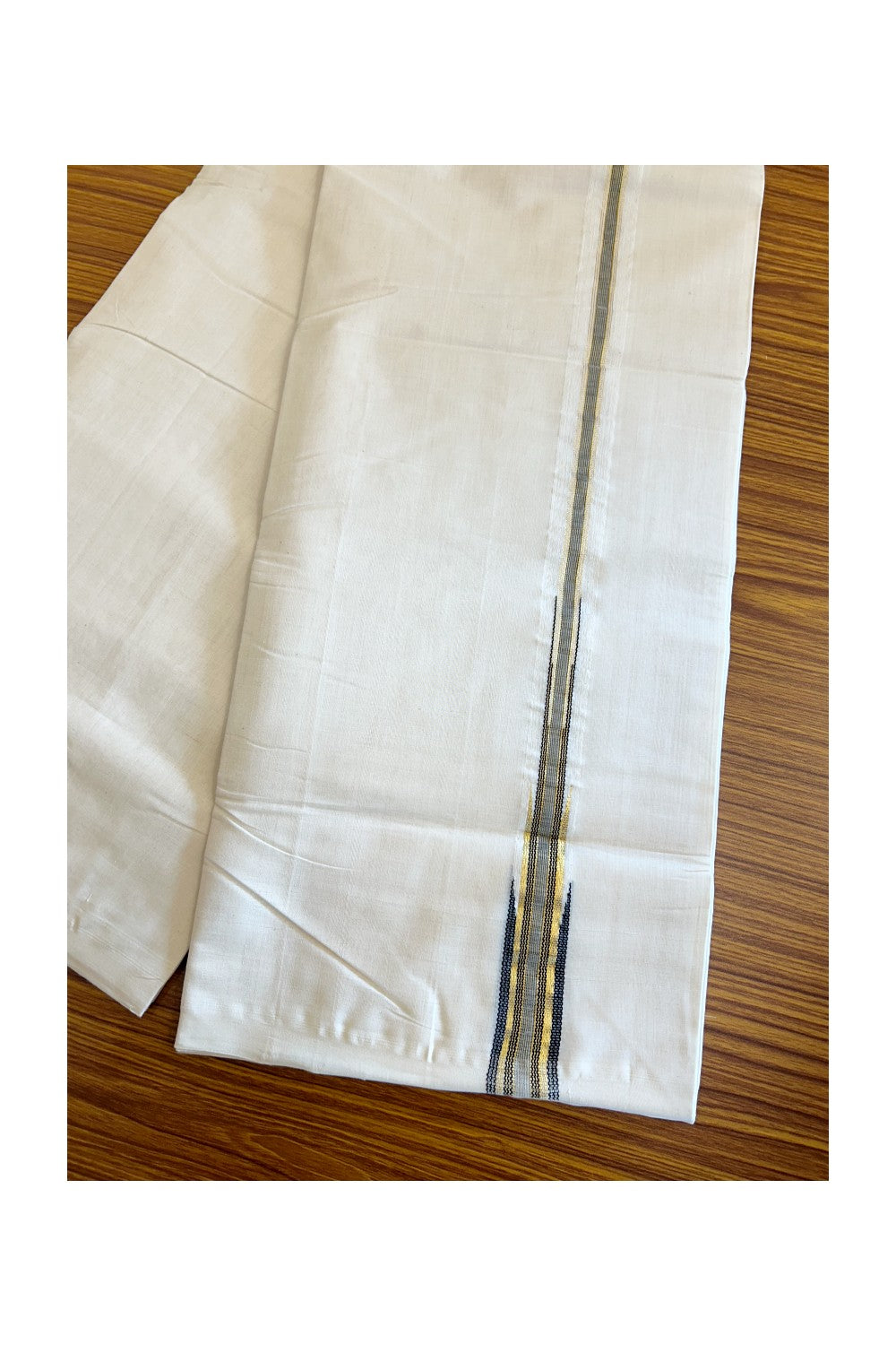 30% DISCOUNT!! KaithariKada HANDLOOM Millpaav Balaramapuram - 100% PURE Cotton OFF White (Unbleached) Double Mundu/Dothi - Puliyilakkara Kasav & Black temple Chutty - 46KK403RAM
