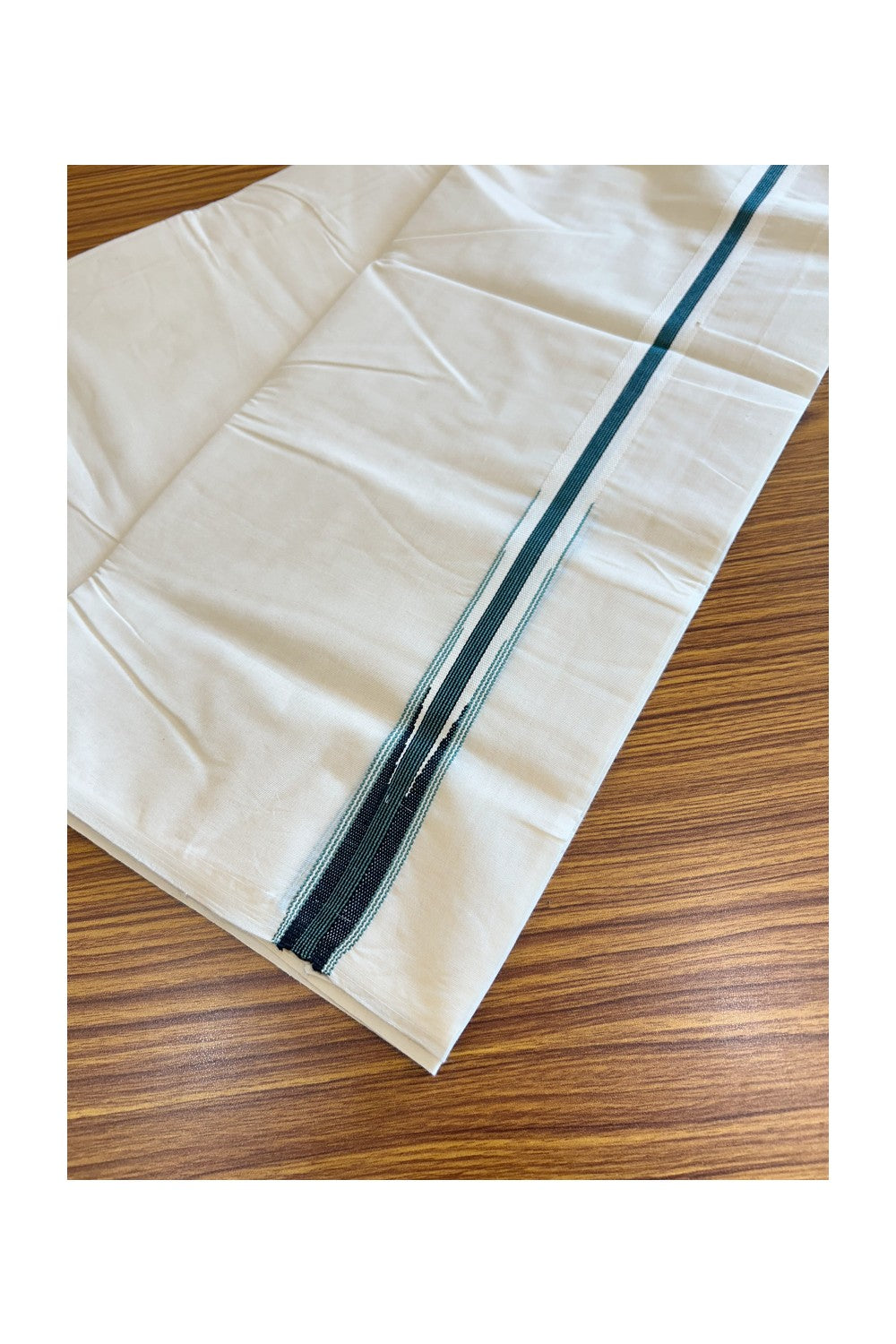 SHORT DHOTI SPECIAL! Kaitharikada.com - 19% Discount! Balaramapuram Double Off white - (Unbleached) Mundu/Dhoti - 100X100 - 1 inch Kara & 45 inches Height  Puliyilakkara Teal green & Black Striped Chutty Kara - 11KK5120ASH