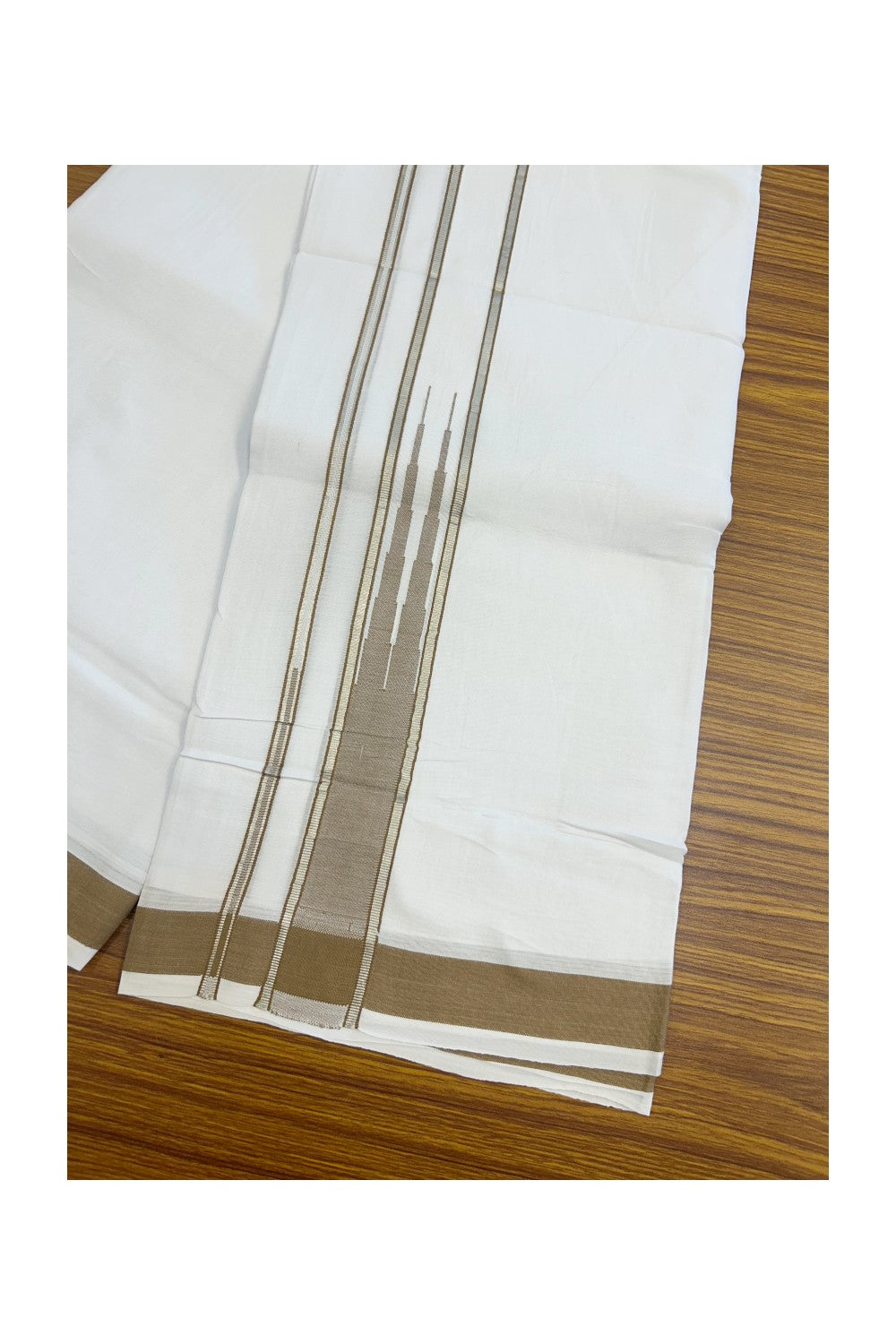 25% DISCOUNT! KaithariKada Balaramapuram 100% Mercerised Cotton Double ULTRA PURE white Mundu/Dhoti - 120x120 - 1.5 inch Heavy Chutty Silver Kasavu & peanut Brown Shaded Kara -12KK5139THI