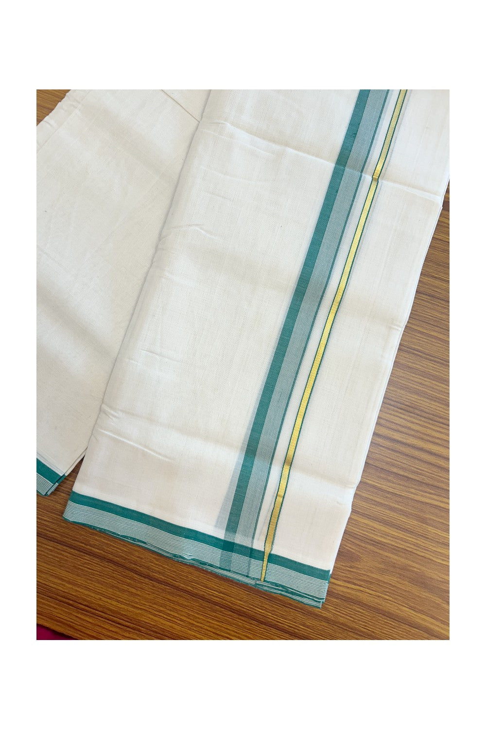 25% DISCOUNT! KaithariKada BALARAMAPURAM HANDLOOM UNAKKUPAAV - 100% PURE Cotton Off white (Unbleached) Double Mundu/Dhoti - 1 inch Gold Kasavu & Green Side Striped Kara (8 Muzham) - 12KK5161SOM
