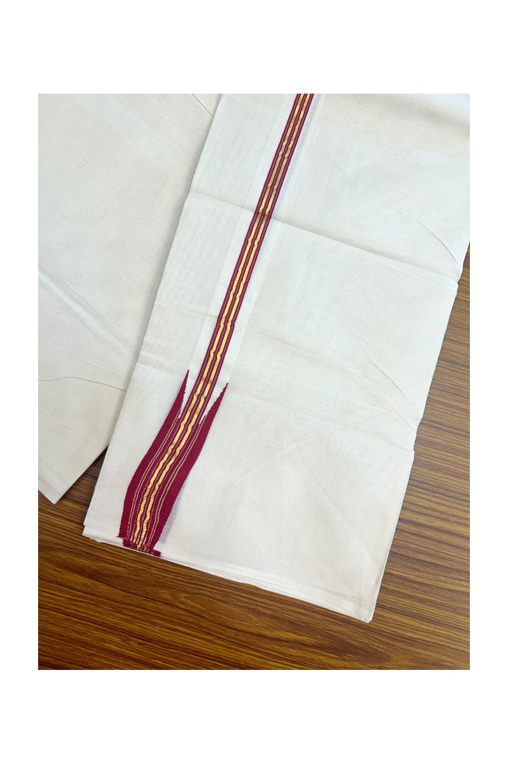 20% DISCOUNT!! KaithariKada Balaramapuram Pure Cotton DOUBLE OFF WHITE - (Unbleached) - Mundu/Dhoti - 100x80 - 1 inch Puliyilakkara Maroon & Kasav Chutty - 12KK5171GAN