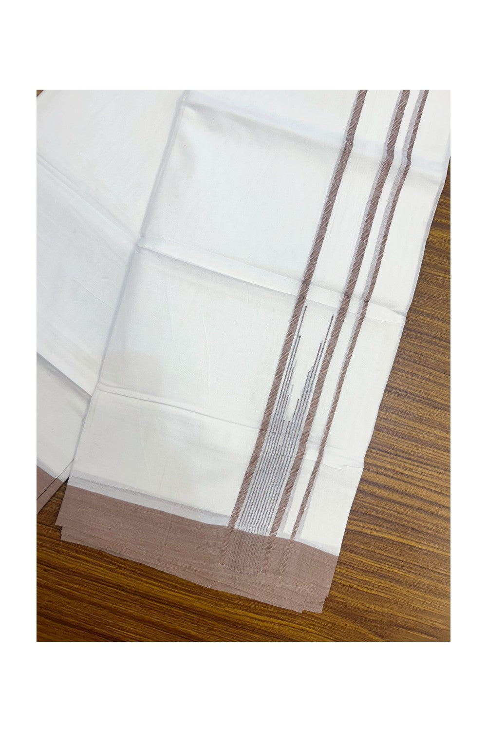 20% DISCOUNT! KaithariKada Balaramapuram DOUBLE PURE WHITE 100% Cotton Mundu/Dhoti - 100x80 - 1.5 inch Light Pastel Brown Putta Design Chutty Kara - 12KK5174THI