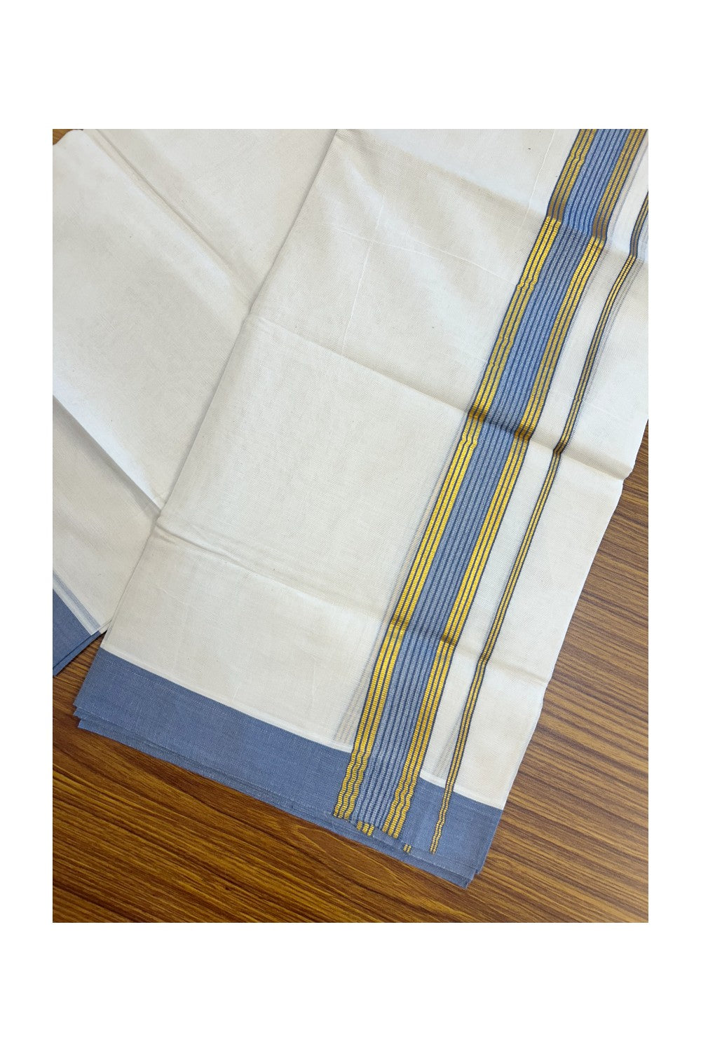 20% DISCOUNT! KaithariKada Balaramapuram Double OFF WHITE Mundu/Dhoti - 80x80 - 1.5 Inch Gold Kasavu & Dark Pastel Blue Shaded striped Kara - 12KK5182VAS