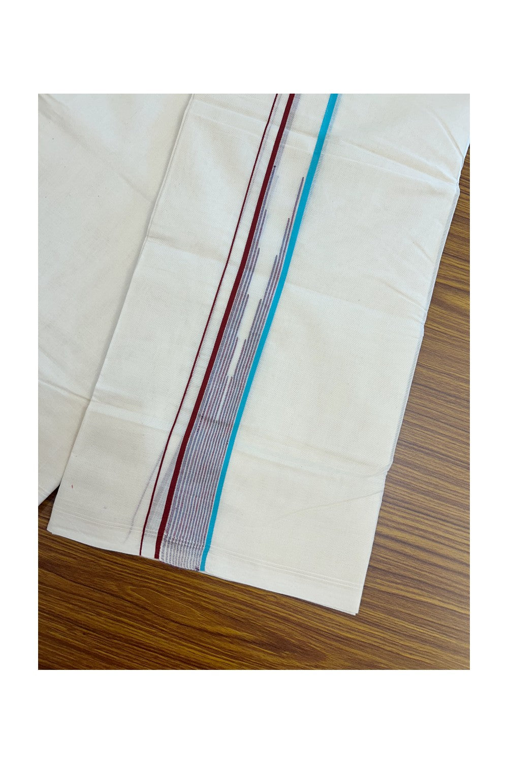20% Discount ! Kaitharikada Balaramapuram 100% Cotton Double Off white (Unbleached) Mundu/Dhoti - 100x80 - 1.5 inch Turquoise Blue & Maroon Stripes Chutty Kara - 12KK5186CKS