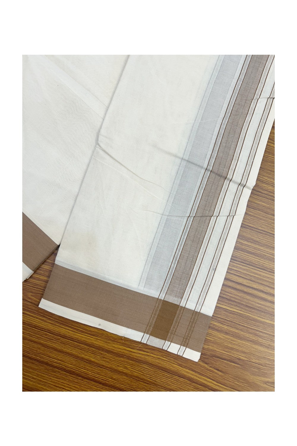 Panchakacham Dhoti - 20% DISCOUNT! KaithariKada 100% Cotton Off White - (Unbleached) - Pure Cotton -100x100 thread - NORTH INDIAN - ATTACHED GAMCHA 9X5 Dhoti Light Brown Striped 1.5 inch Kara- 12KK5196PMC