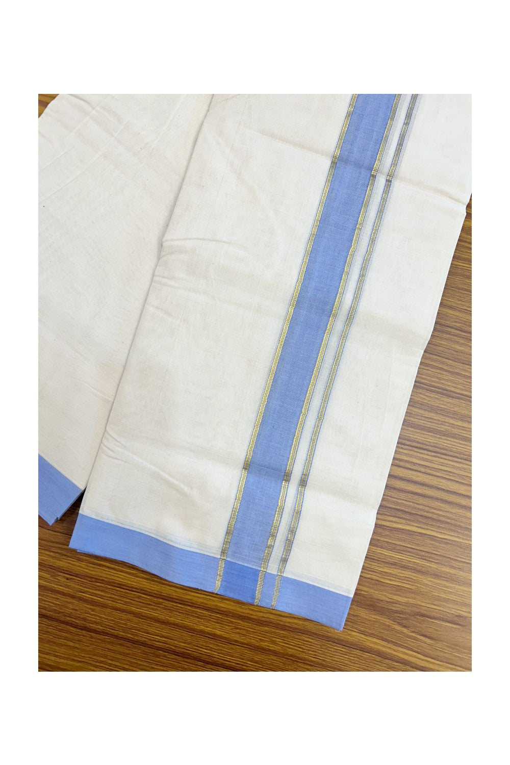 NEW !! 20% DISCOUNT!! KaithariKada Balaramapuram 100% Cotton Double Off white - (Unbleached) Mundu/Dhoti-100x80 - 1.5 inch Gold Kasavu & Lavender Blue Shaded Striped KARA - 3.75 mtr (8 Muzham) - 12KK5218 ASH