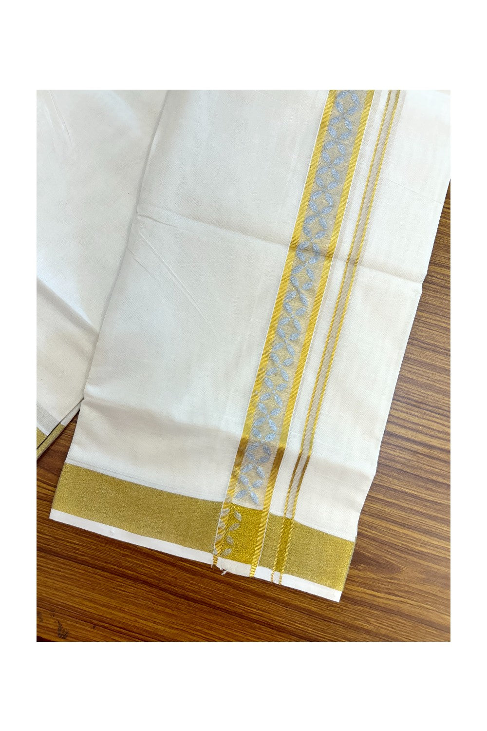 22% Discount!! KaithariKada Balaramapuram 100% Cotton DOUBLE OFF WHITE - (Ubleached) Mundu/Dhoti - 80x90 - 1.5 inch Gold Kasavu with Silver Floral Printed Design Kara - 12KK5219 GAN
