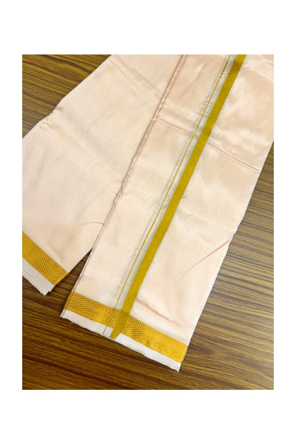 12% Discount!! KaithariKada Balaramapuram 100% Silk Double Mundu/Dhoti - Pastel Peach Colour Body - 0.5 inch Gold Kasav Kara 3.60 mtr (8 muzham) - 12KK5222 GAN