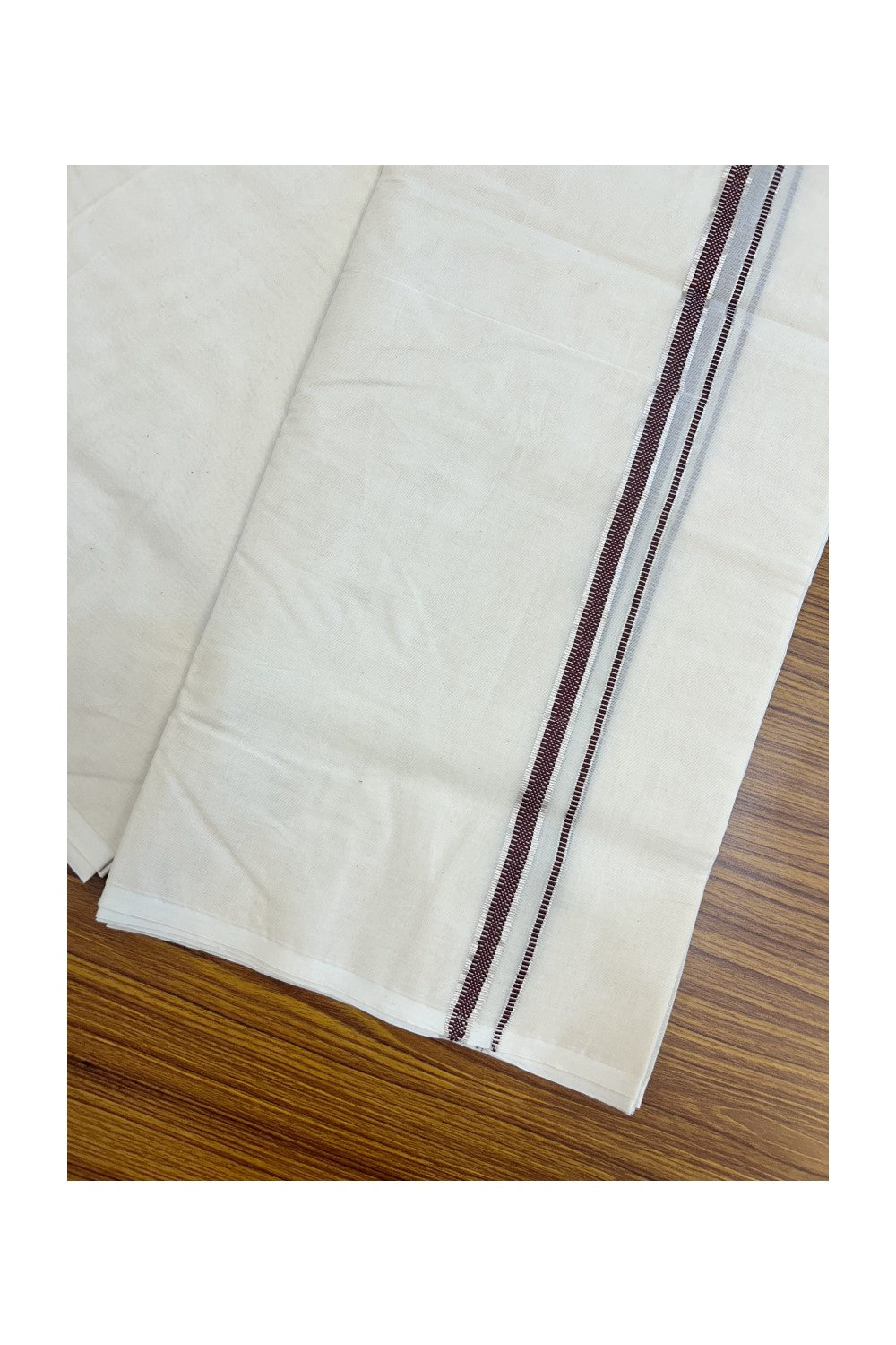 20% Discount KaithariKada Balaramapuram 100% Cotton Double Off white - (Unbleached) - Mundu/Dhoti - 100x100 - 1.5 cm Silver Kasav & Brown Design Kara - 12KK5226 ASH