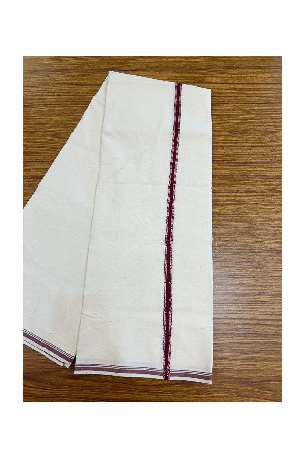 20% Discount!! KaithariKada Balaramapuram 100% COTTON SINGLE OFF WHITE - (Unbleached) Mundu/Dhoti - 100X100 - 0.5 inch Maroon & Silver Kasavu Striped Kara(2 meter / 4 muzham) - 12KK5228 ASH