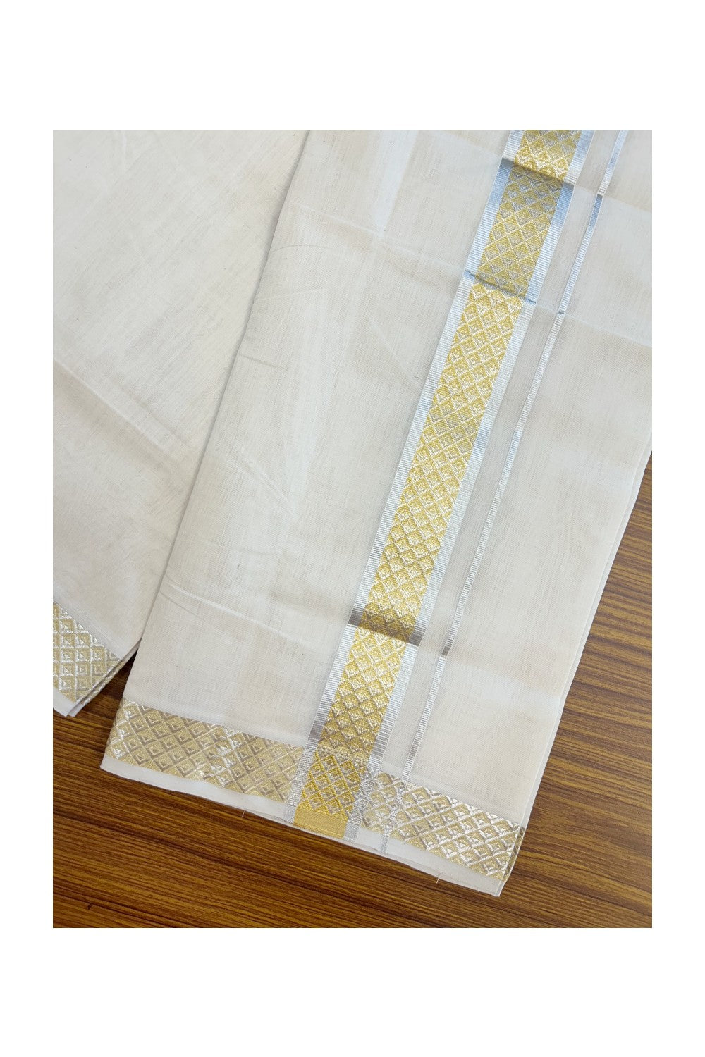 25% DISCOUNT ! KaithariKada HANDLOOM Unakkupaav Balaramapuram - 100% PURE Cotton OFF WHITE - (Unbleached) Double Mundu/Dhoti - 80x90 - 1.75 inch Gold Kasavu & Silver Jacquard Design Kara 3.80 meter (8 Muzham) - 11KK5231 ABH