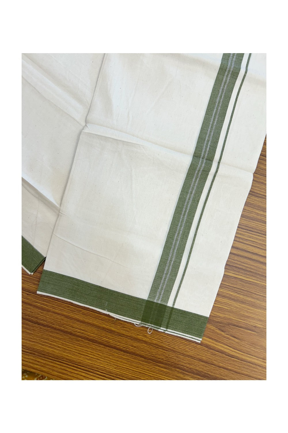 24% Discount !! KaithariKada Balaramapuram 100% Cotton OFF WHITE (Unbleached) Single Mundu/Dhoti - Twisted 60s Thread - 1 inch Olive Green shaded striped Kara (2 meter / 4 muzham) - 42KK5241 GL