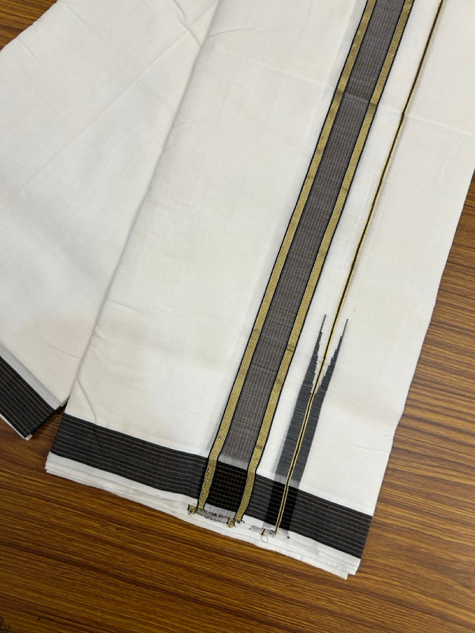 25% Discount!! NEW ULTRA PURE WHITE THREAD HANDLOOM Balaramapuram - 100% MERCERISED Cotton Double Mundu/Dhoti - 120 twisted warp x 80s weft - Black Brown Stripes Gold Kasav Chutty Kara- 12KK5248 REA