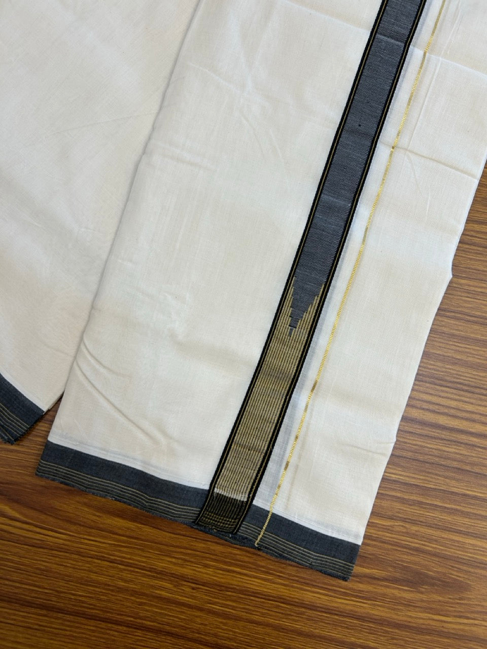 25% DISCOUNT!! KaithariKada HANDLOOM UNAKKUPAAV Balaramapuram - 100% PURE Cotton OFF White - (Unbleached) Double Mundu/Dothi - 100 x 80 - Black Brown Chutty Kara PURE JERRY - 3.85meter - 12 KK5249 REA