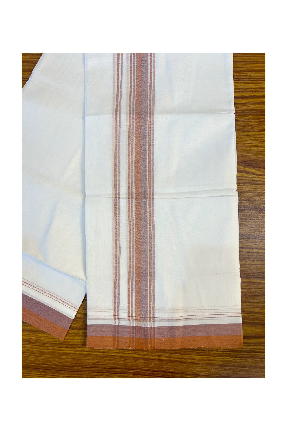 21% Discount!! Kaitharikada Balaramapuram 100% Cotton pure White Double Mundu/Dothi- 100x80 - 2.5 Inch Brown & Pink Striped Cotton Kara - 12KK63VAS