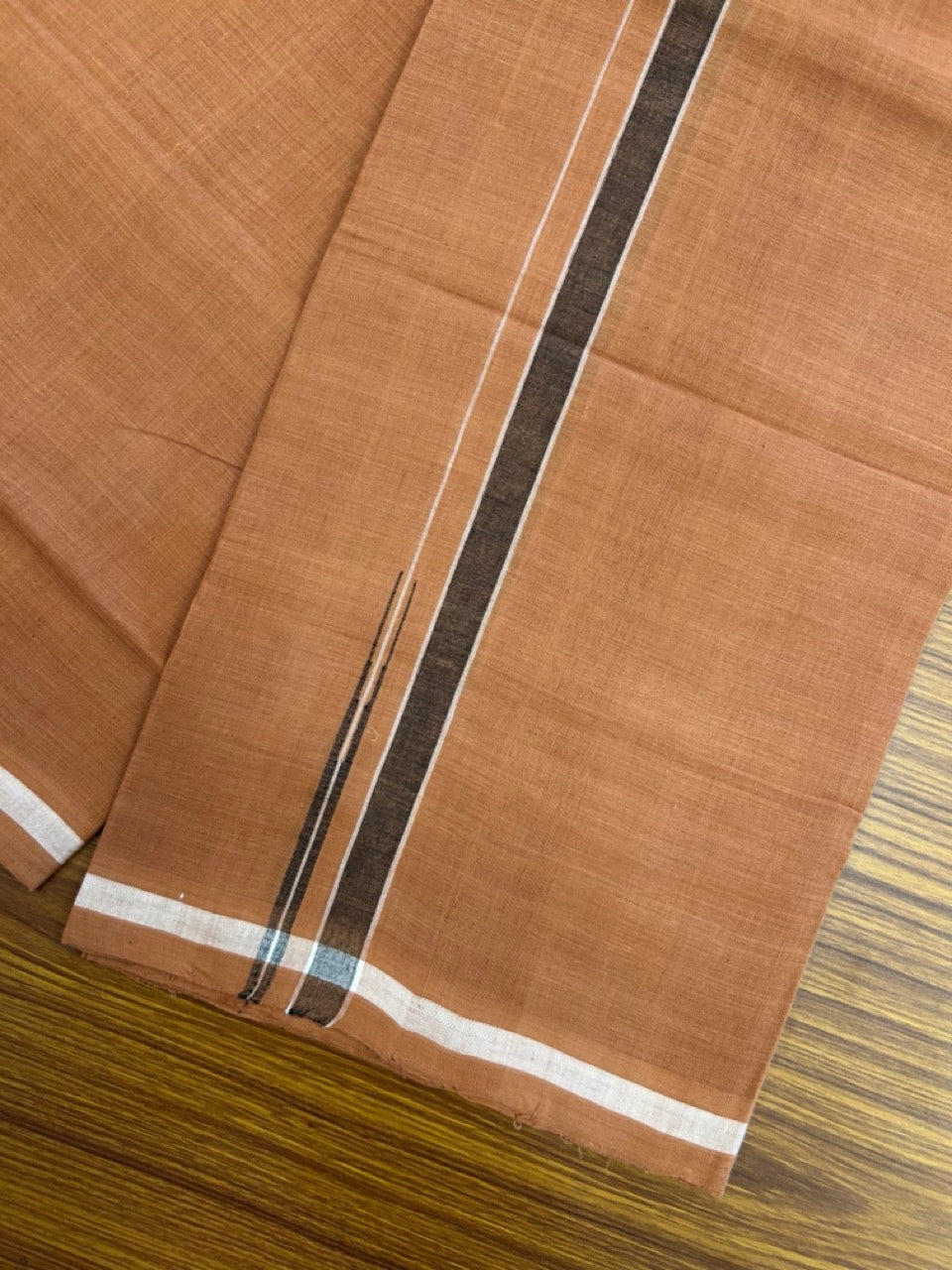 HANDLOOM Single KaithariKada - 10% Discount ! 100% Pure Cotton - Mundu/Dhoti KAVI COLOUR BODY 2cm BLACK & WHITE Kara Stripes Chutty (2 meter / 4 muzham)- 12KK8026ELA