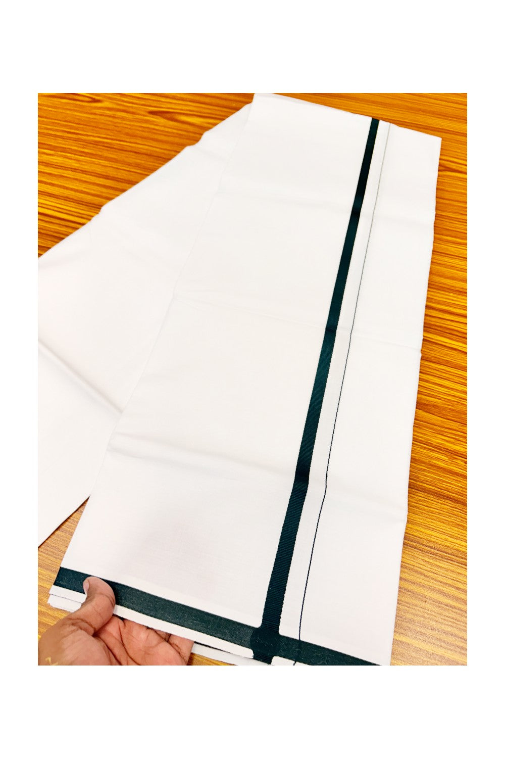 15% OFFER!! KaithariKada 100% Cotton PURE WHITE SINGLE Mundu/Dhoti-40X40 2cm (2 meter / 4 muzham) Dark Green Kara- 12sar