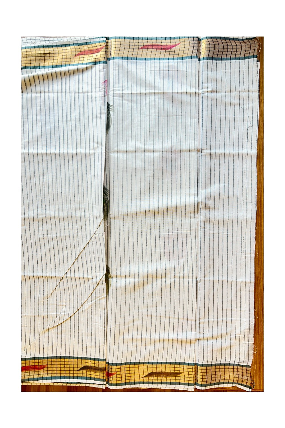 29% Discount!! Kaitharikada Kerala Cotton 2.75 inch Kasavu Green Stripes & Hand Painted Peacock Design Saree - 12KK1003HAR