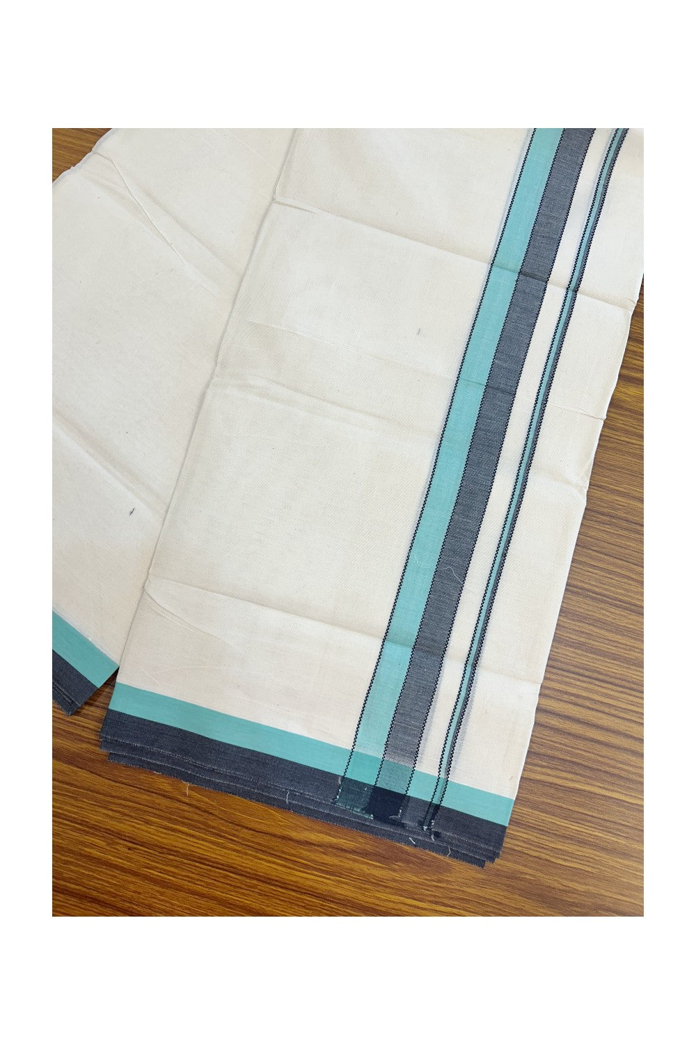 20% DISCOUNT! KaithariKada Balaramapuram 100% Cotton OFF WHITE Double (Unbleached) Mundu/Dhoti-100x80 - 1.5 inch Turquoise Green & Black shaded designer kara 4 mtr (8.5 muzham) - 120KK5220 THI