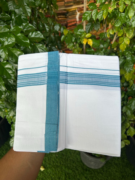 Single Pure white - Kaitharikada 100% Cotton 40s Thread Mundu / Dothi - 1 inch Turquoise Blue Stripes Kara (2 meters / 4 mulam) - 121 KK5258 THI