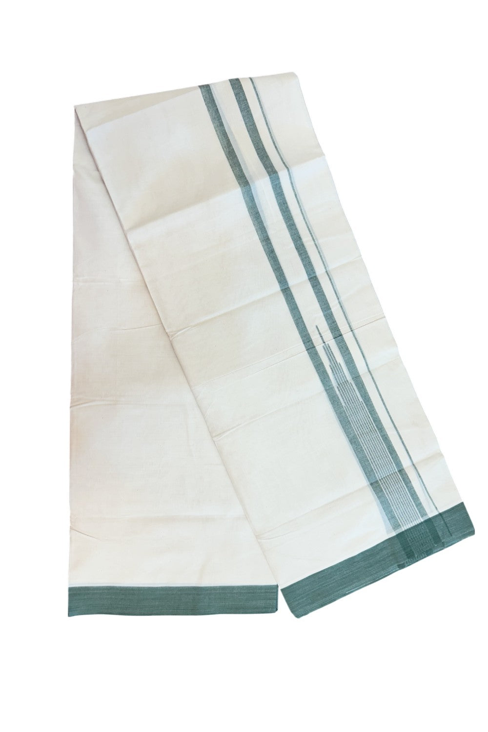 20% DISCOUNT! KaithariKada Balaramapuram 100% Cotton OFF WHITE Double (Unbleached) Mundu/Dhoti-100x80 - 2 inch Puliyilakkara Dark Green shaded Temple Chutty kara 4 mtr (8.5 muzham) - 121KK5220 THI