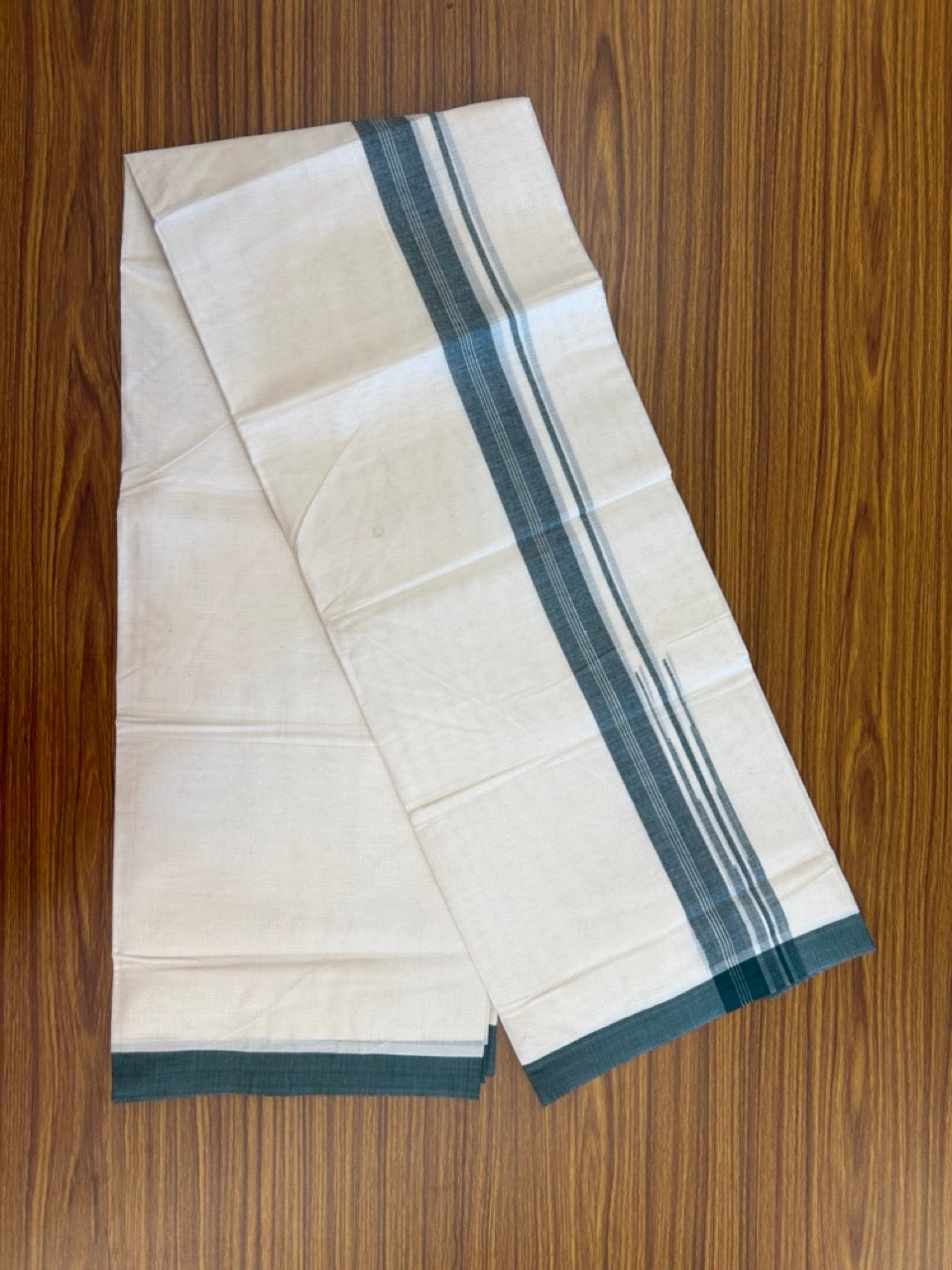26% Discount! KaithariKada 100% Cotton 80s thread Off white Double Mundu/Dhoti - 1.25 inch Dark Green White Striped Chutty PuliyilaKara - 4mtr (8.5muzham) - 121 KK5255 VAS
