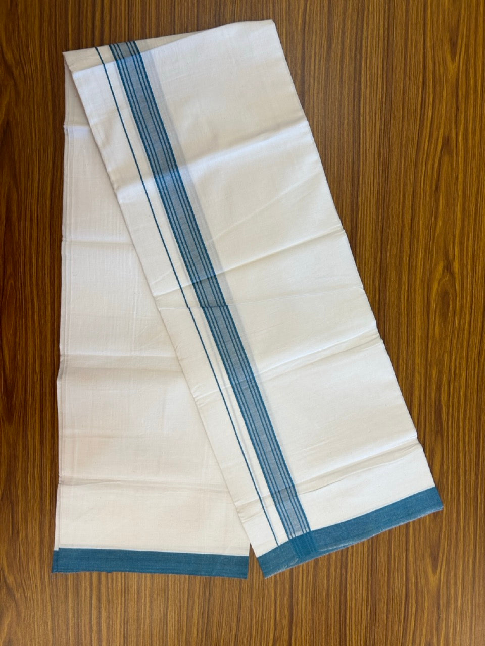 Single Pure white - Kaitharikada 100% Cotton 40s Thread Mundu / Dothi - 1 inch Turquoise Blue Stripes Kara (2 meters / 4 mulam) - 121 KK5258 THI