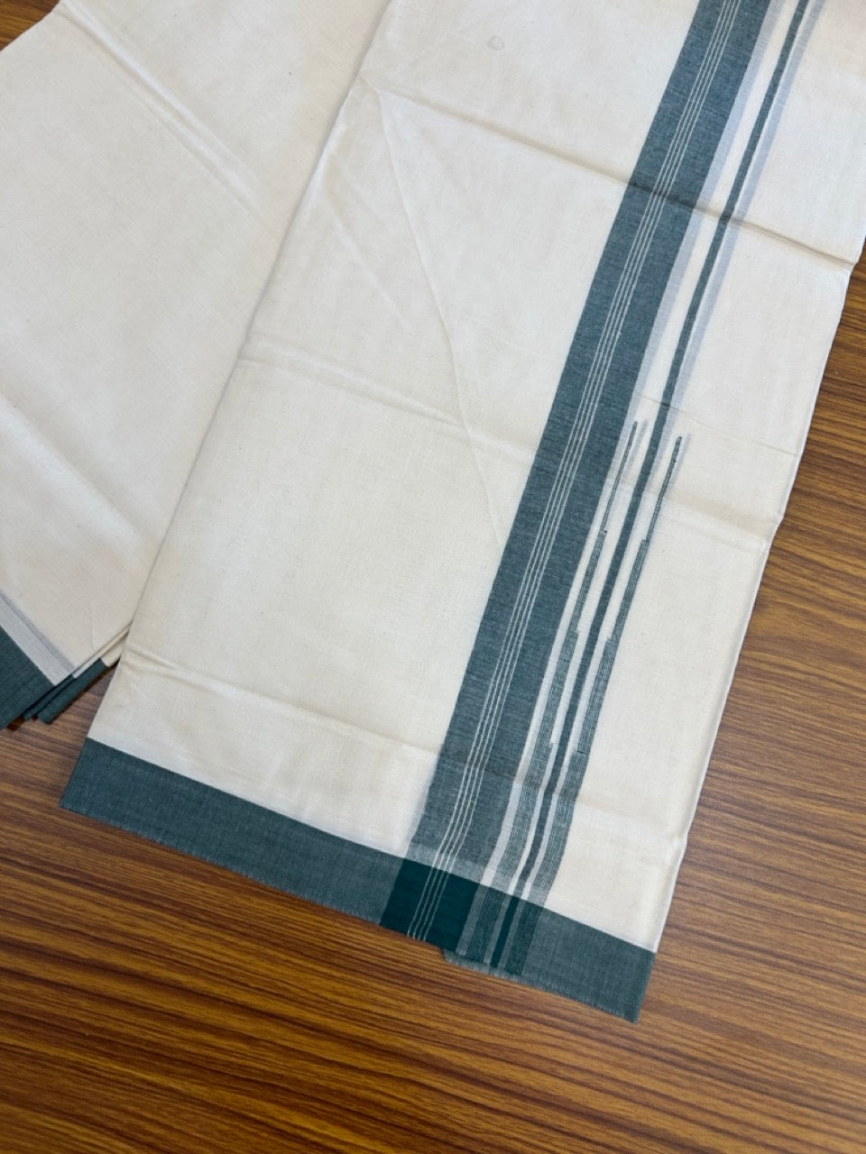 26% Discount! KaithariKada 100% Cotton 80s thread Off white Double Mundu/Dhoti - 1.25 inch Dark Green White Striped Chutty PuliyilaKara - 4mtr (8.5muzham) - 121 KK5255 VAS