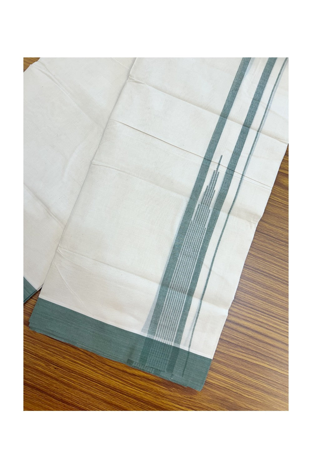 20% DISCOUNT! KaithariKada Balaramapuram 100% Cotton OFF WHITE Double (Unbleached) Mundu/Dhoti-100x80 - 2 inch Puliyilakkara Dark Green shaded Temple Chutty kara 4 mtr (8.5 muzham) - 121KK5220 THI