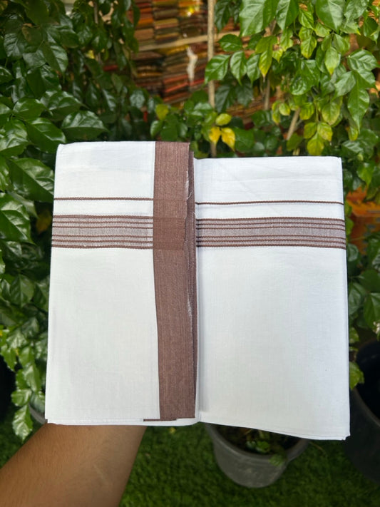 Single Pure white - Kaitharikada 100% Cotton 40s Thread Mundu / Dothi - 1 inch Brown Stripes Kara (2 meters / 4 mulam) - 122 KK5258 THI