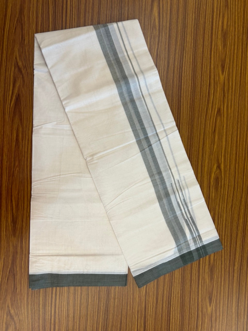 26% Discount! KaithariKada 100% Cotton 80s thread Off white Double Mundu/Dhoti - 1.25 inch Sage Green White Striped Chutty PuliyilaKara - 4mtr (8.5muzham) - 122 KK5255 VAS