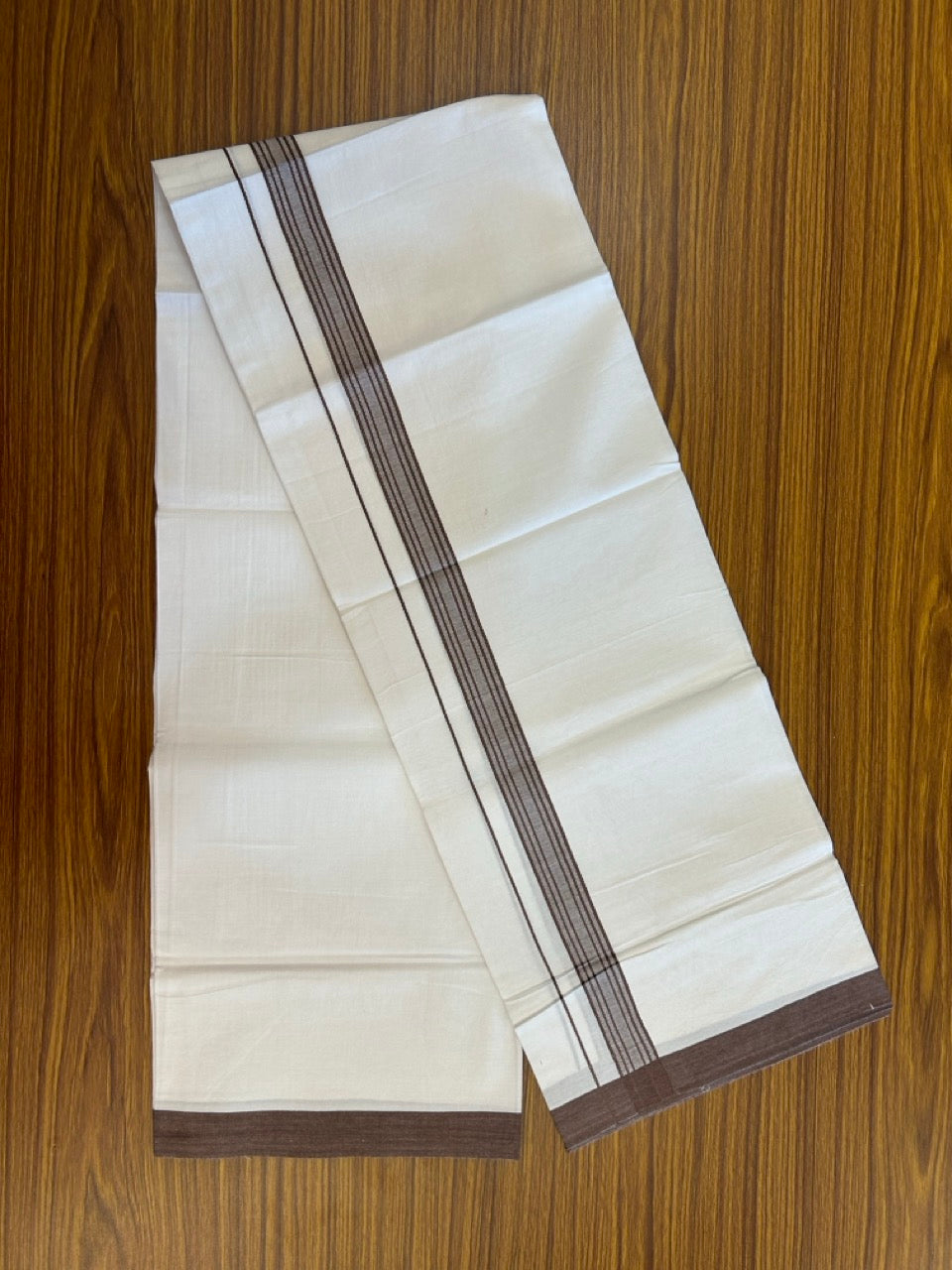 Single Pure white - Kaitharikada 100% Cotton 40s Thread Mundu / Dothi - 1 inch Brown Stripes Kara (2 meters / 4 mulam) - 122 KK5258 THI