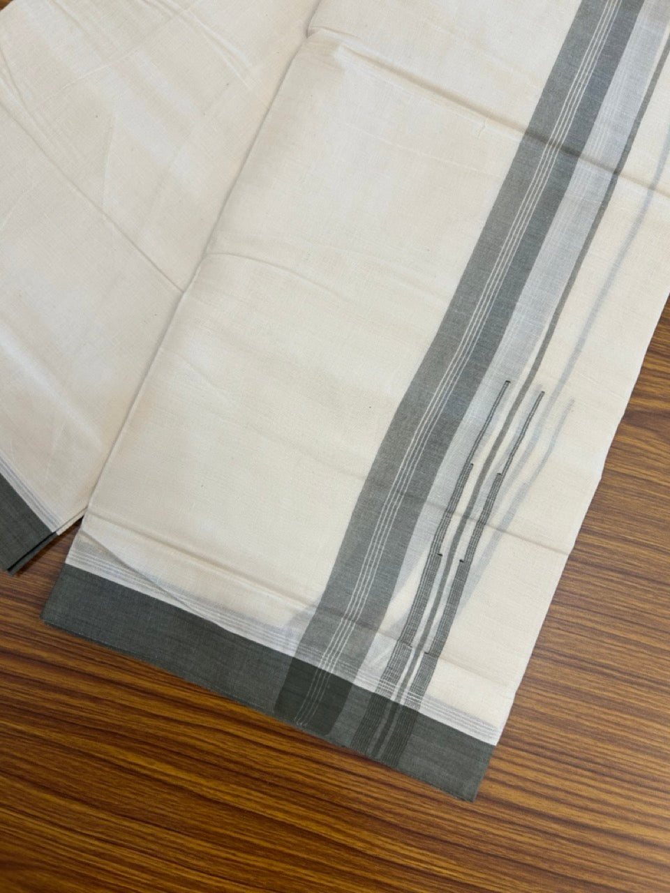 26% Discount! KaithariKada 100% Cotton 80s thread Off white Double Mundu/Dhoti - 1.25 inch Sage Green White Striped Chutty PuliyilaKara - 4mtr (8.5muzham) - 122 KK5255 VAS