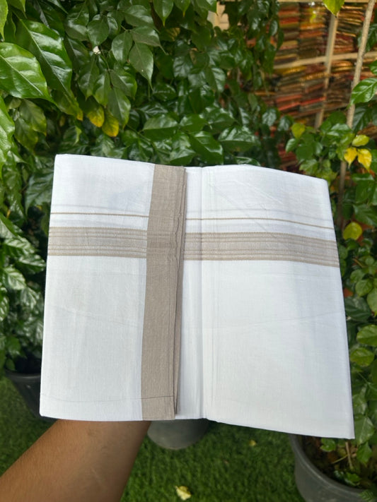 Single Pure white - Kaitharikada 100% Cotton 40s Thread Mundu / Dothi - 1 inch Ash Stripes Kara (2 meters / 4 mulam) - 123 KK5258 THI
