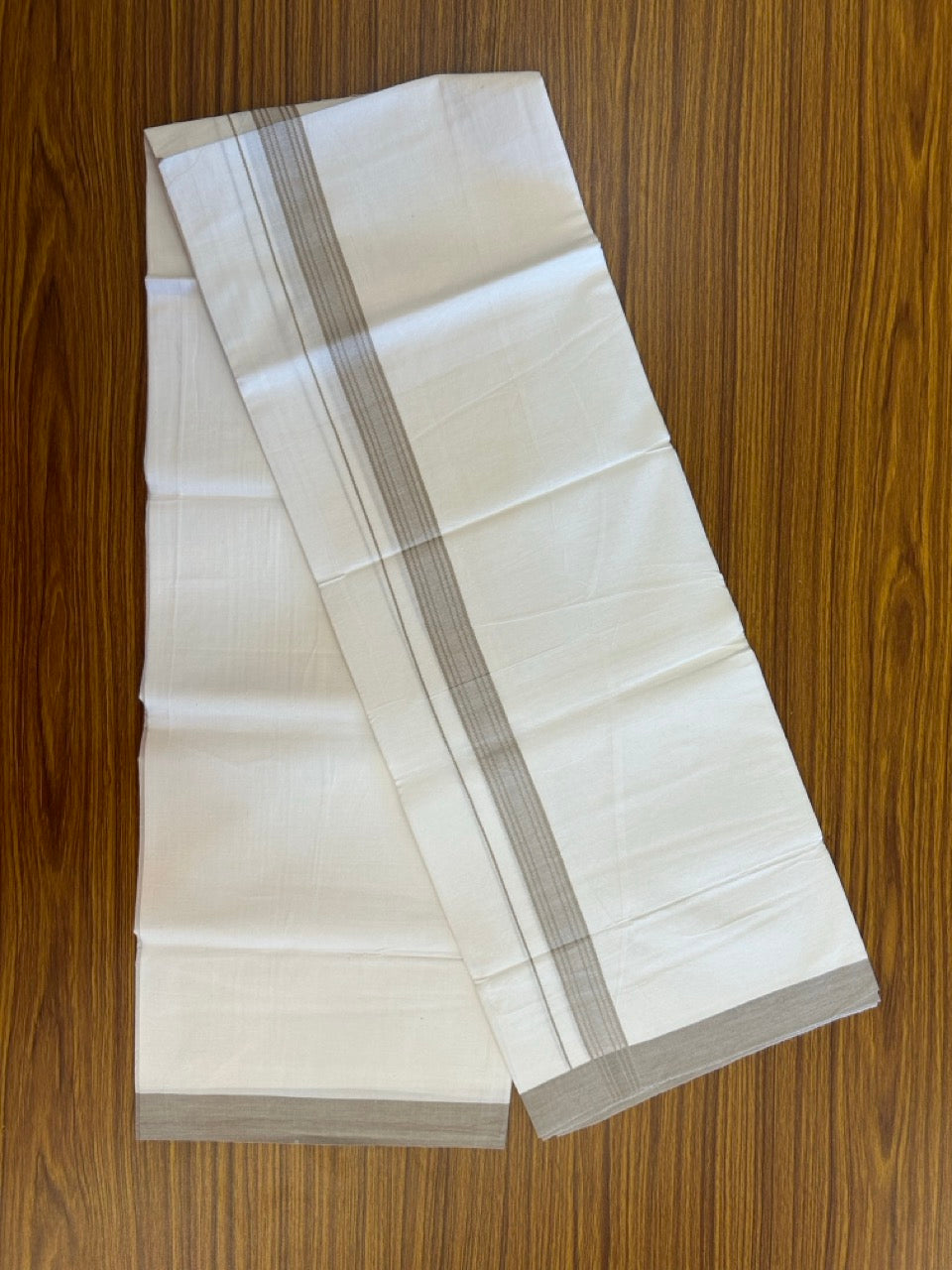Single Pure white - Kaitharikada 100% Cotton 40s Thread Mundu / Dothi - 1 inch Ash Stripes Kara (2 meters / 4 mulam) - 123 KK5258 THI