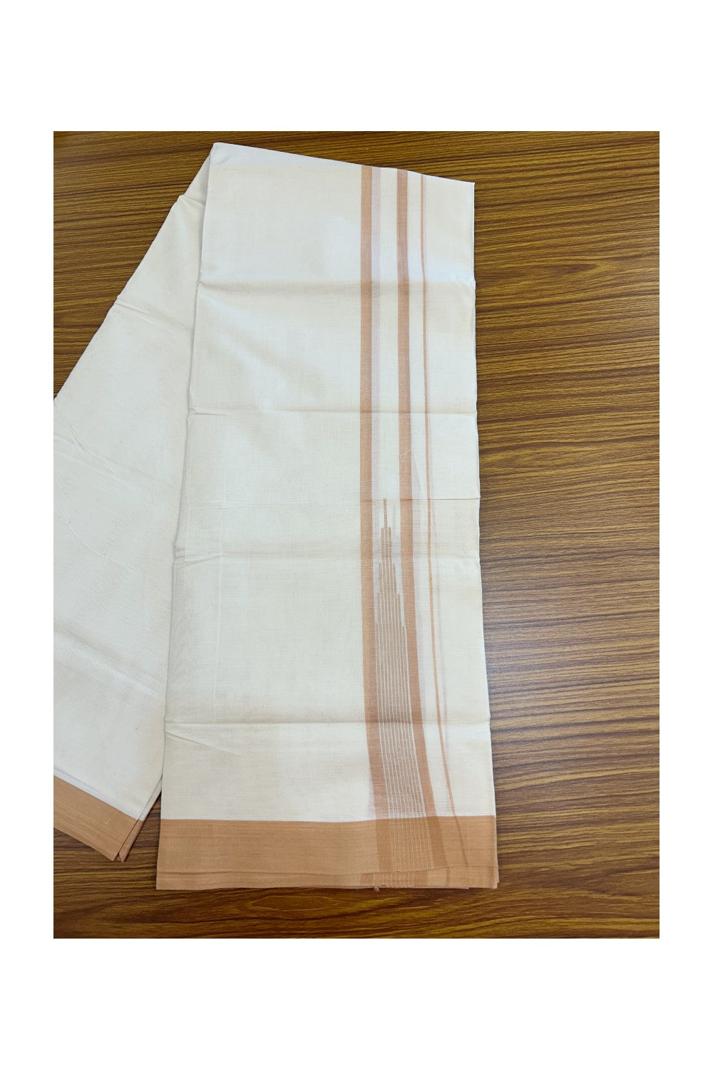 20% DISCOUNT! KaithariKada Balaramapuram 100% Cotton OFF WHITE Double (Unbleached) Mundu/Dhoti-100x80 - 1.75 inch Puliyilakkara Sand Brown shaded Temple Chutty kara 4 mtr (8.5 muzham) - 123KK5220 THI