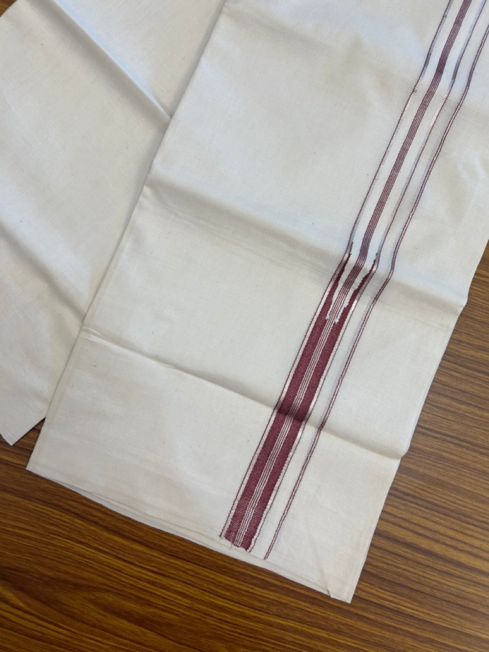 20% Discount! KaithariKada Balaramapuram 100% Cotton Off white Double Mundu/Dhoti - (100x80)S - 1 inch Maroon White Striped One Side Chutty Silver Kasav Kara - 4mtr (8.5muzham) - 123 KK5255 VAS
