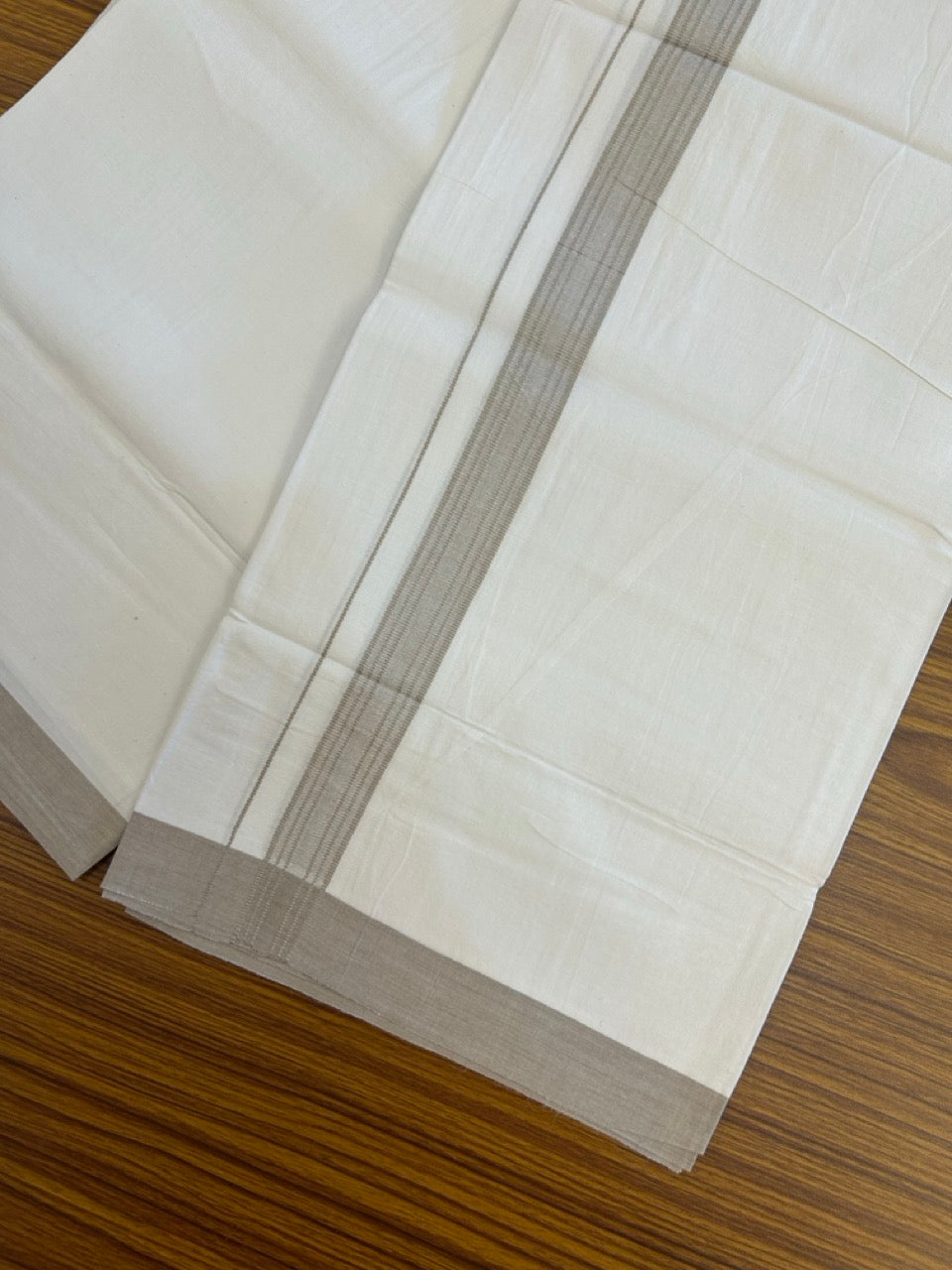 Single Pure white - Kaitharikada 100% Cotton 40s Thread Mundu / Dothi - 1 inch Ash Stripes Kara (2 meters / 4 mulam) - 123 KK5258 THI