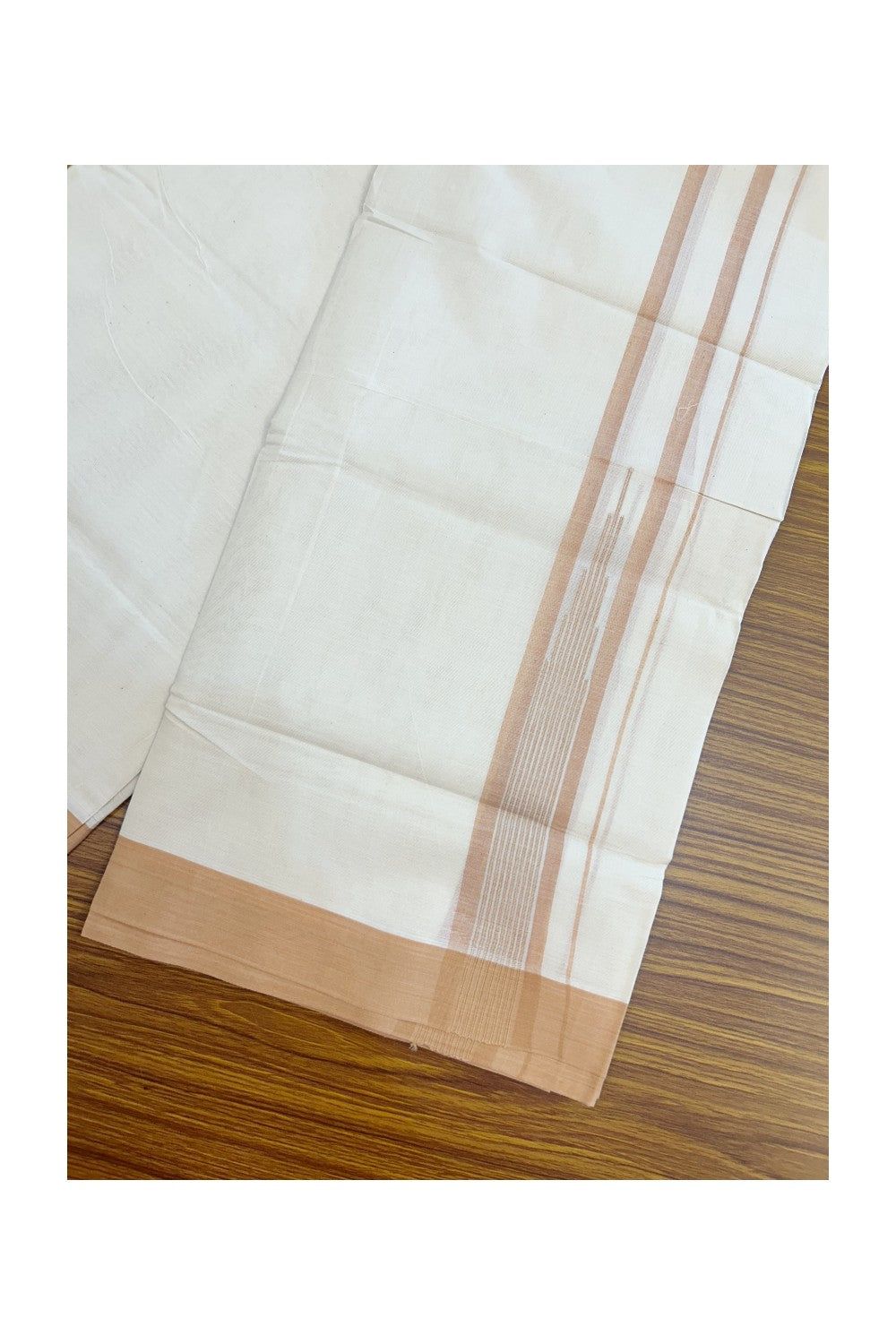 20% DISCOUNT! KaithariKada Balaramapuram 100% Cotton OFF WHITE Double (Unbleached) Mundu/Dhoti-100x80 - 1.75 inch Puliyilakkara Sand Brown shaded Temple Chutty kara 4 mtr (8.5 muzham) - 123KK5220 THI