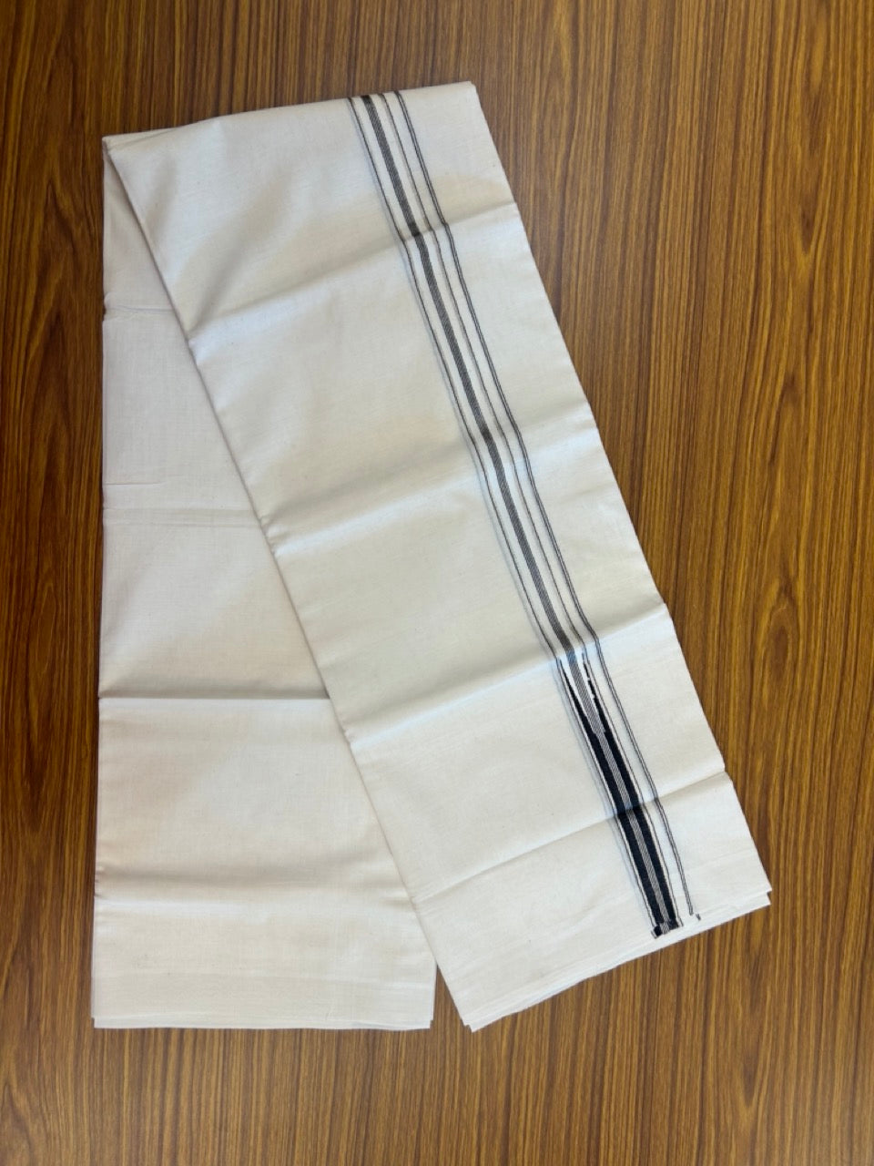 20% Discount! KaithariKada Balaramapuram 100% Cotton Off white Double Mundu/Dhoti - (100x80)S - 1 inch Black White Striped One Side Chutty Silver Kasav Kara - 4mtr (8.5muzham) - 124 KK5255 VAS