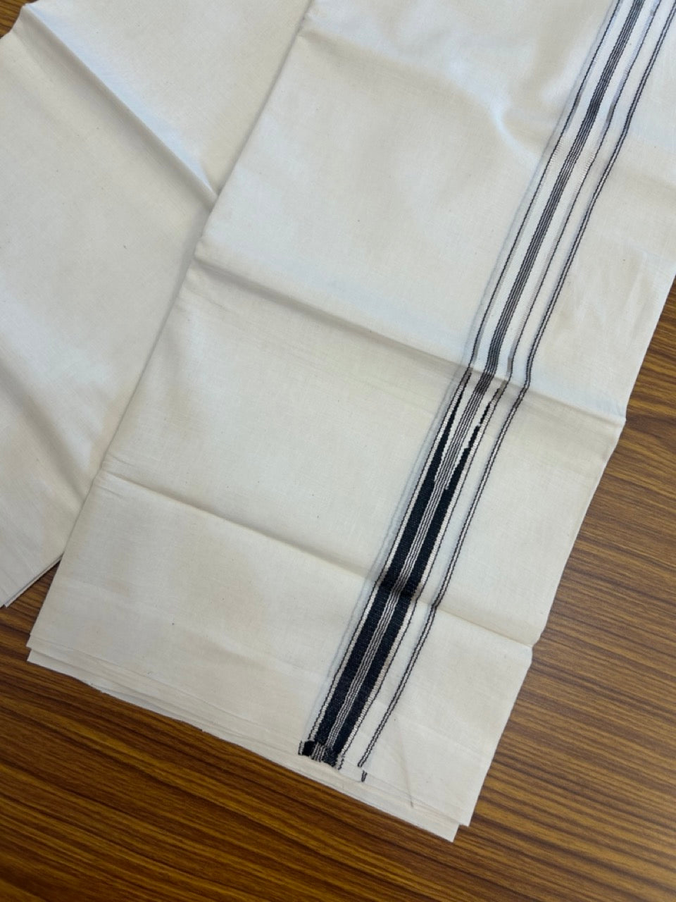 20% Discount! KaithariKada Balaramapuram 100% Cotton Off white Double Mundu/Dhoti - (100x80)S - 1 inch Black White Striped One Side Chutty Silver Kasav Kara - 4mtr (8.5muzham) - 124 KK5255 VAS