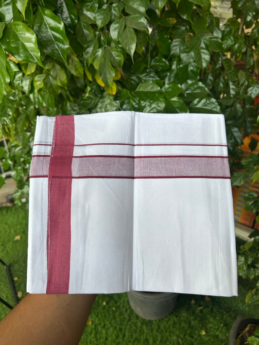 Single Pure white - Kaitharikada 100% Cotton 40s Thread Mundu / Dothi - 1 inch Maroon Stripes Kara (2 meters / 4 mulam) - 125 KK5258 THI