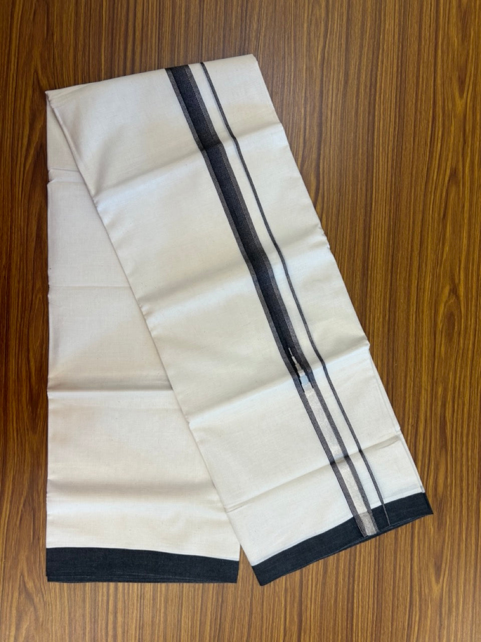 20% Discount! KaithariKada Balaramapuram 100% Cotton Off white Double Mundu/Dhoti - (100x80)S - 1 inch Black White Striped One Side Chutty Silver Kara Kasav - 4mtr (8.5muzham) - 125 KK5255 VAS