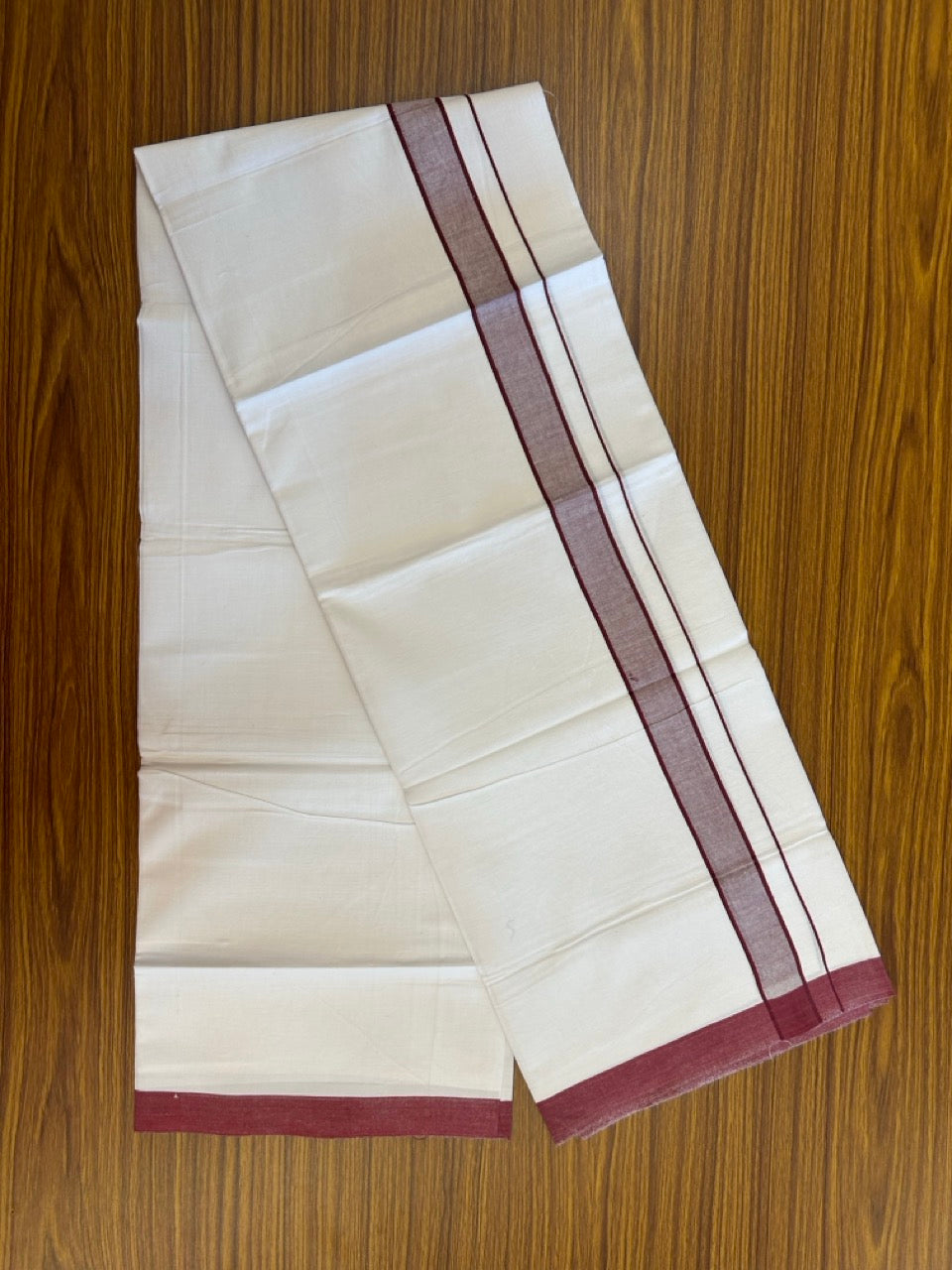 Single Pure white - Kaitharikada 100% Cotton 40s Thread Mundu / Dothi - 1 inch Maroon Stripes Kara (2 meters / 4 mulam) - 125 KK5258 THI