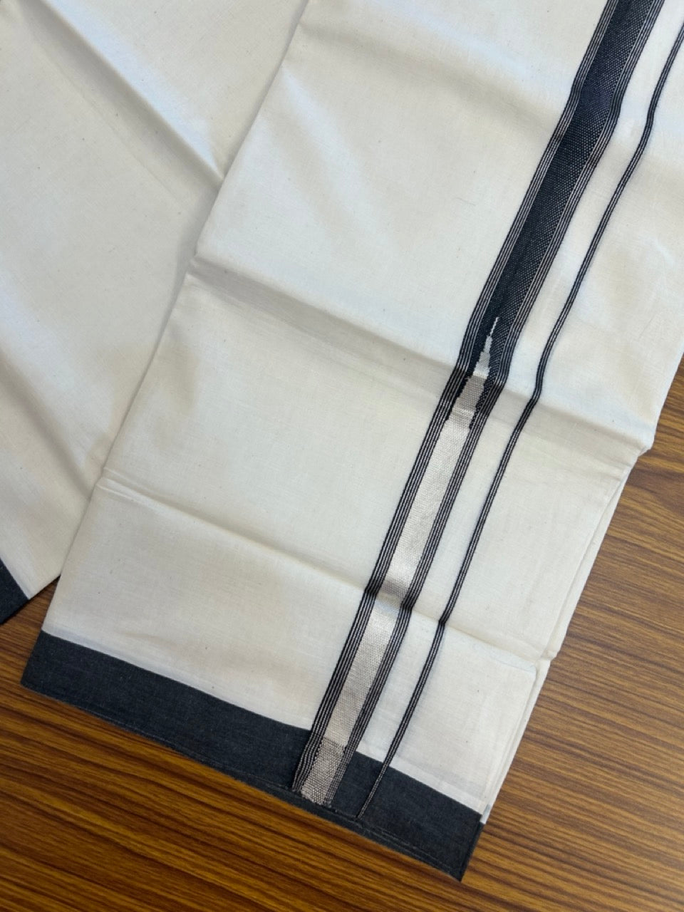 20% Discount! KaithariKada Balaramapuram 100% Cotton Off white Double Mundu/Dhoti - (100x80)S - 1 inch Black White Striped One Side Chutty Silver Kara Kasav - 4mtr (8.5muzham) - 125 KK5255 VAS
