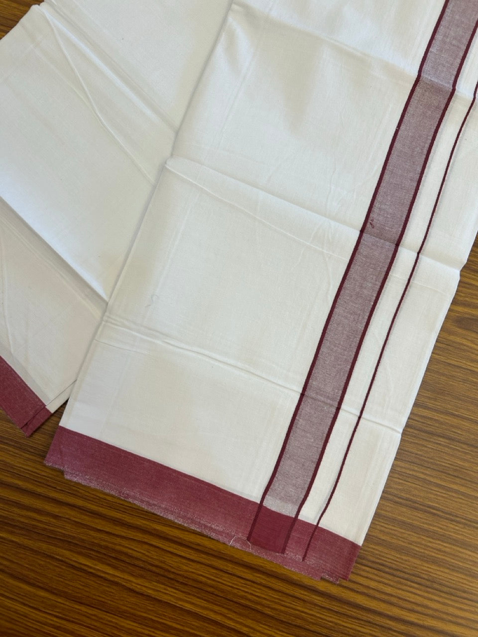 Single Pure white - Kaitharikada 100% Cotton 40s Thread Mundu / Dothi - 1 inch Maroon Stripes Kara (2 meters / 4 mulam) - 125 KK5258 THI