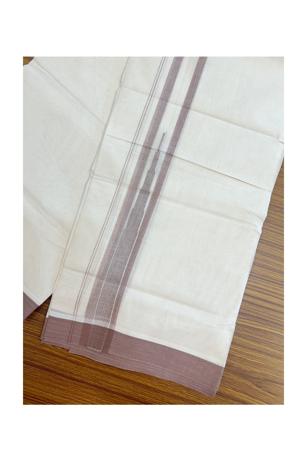 20% DISCOUNT! KaithariKada Balaramapuram 100% Cotton OFF WHITE Double (Unbleached) Mundu/Dhoti-100x80 - 1.75 inch Puliyilakkara Dusty Ranch Brown shaded Temple Chutty kara 4 mtr (8.5 muzham) - 125KK5220 THI