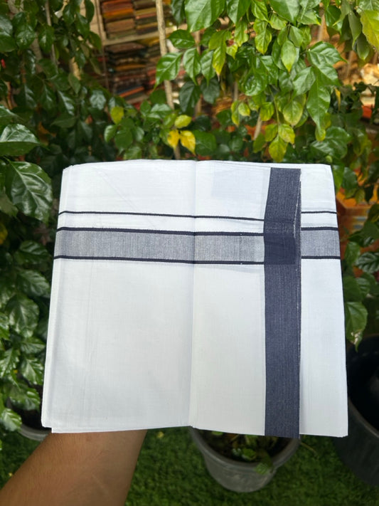 Single Pure white - Kaitharikada 100% Cotton 40s Thread Mundu / Dothi - 1 inch Navy Blue Stripes Kara (2 meters / 4 mulam) - 128 KK5258 THI