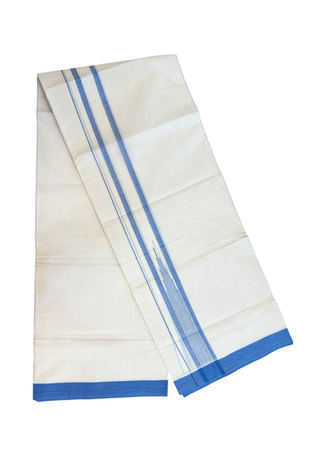 20% DISCOUNT! KaithariKada Balaramapuram 100% Cotton OFF WHITE Double (Unbleached) Mundu/Dhoti-100x80 - 1.75 inch Puliyilakkara Blue shaded Temple Chutty kara 4 mtr (8.5 muzham) - 128KK5220 THI