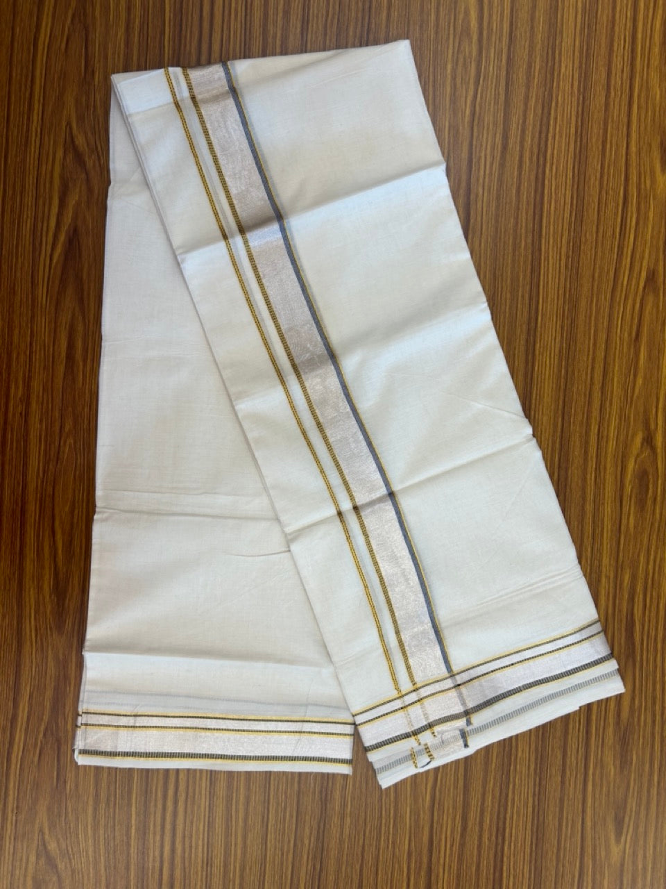 21% Discount! KaithariKada Balaramapuram 100% Cotton Off white Double Mundu/Dhoti - (100x100)S - 1.5 inch Black Silver Gold Kasav Kara - 4mtr (8.5muzham) - 128 KK5255 VAS